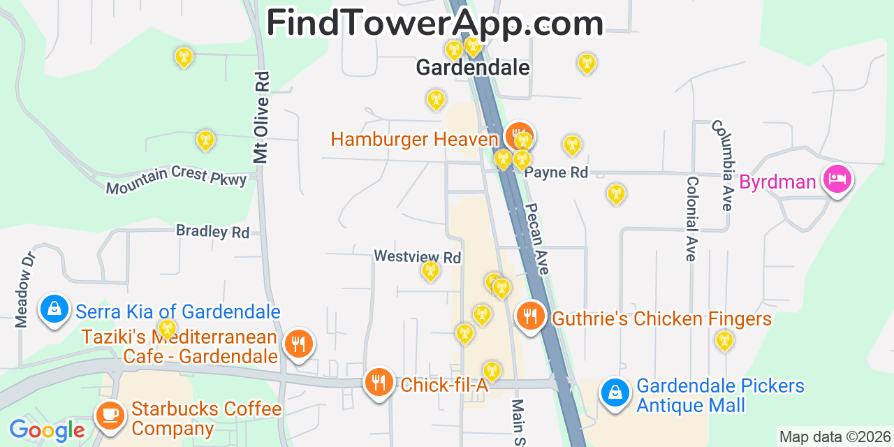 Map showing the 20 primary cell tower locations detected in Gardendale, Alabama from AT&T, Verizon, and T-Mobile networks