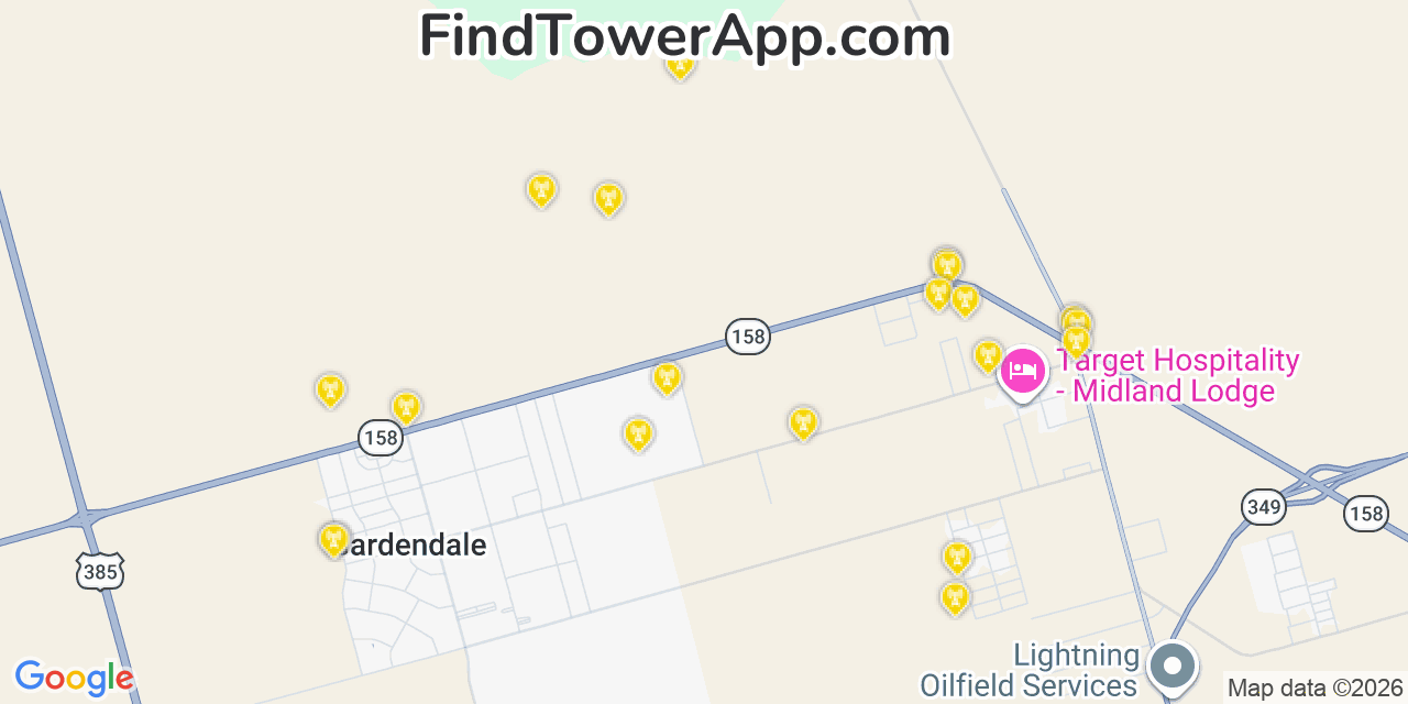 Map showing the 20 primary cell tower locations detected in Gardendale, Texas from AT&T, Verizon, and T-Mobile networks