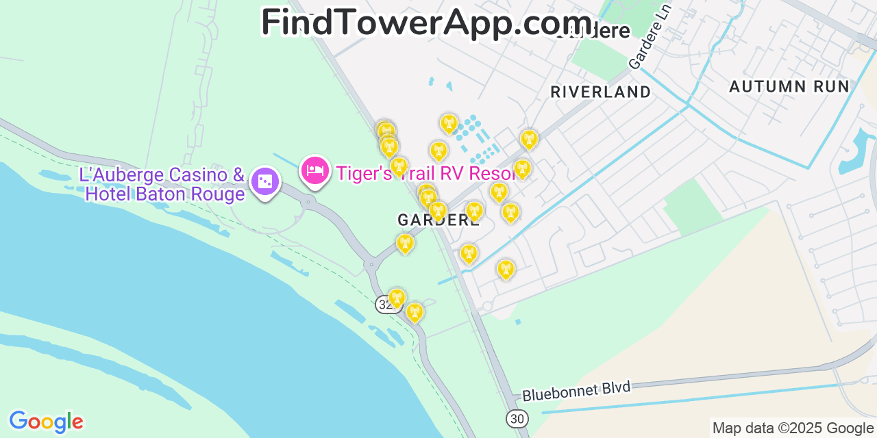 Map showing the 20 primary cell tower locations detected in Gardere, Louisiana from AT&T, Verizon, and T-Mobile networks