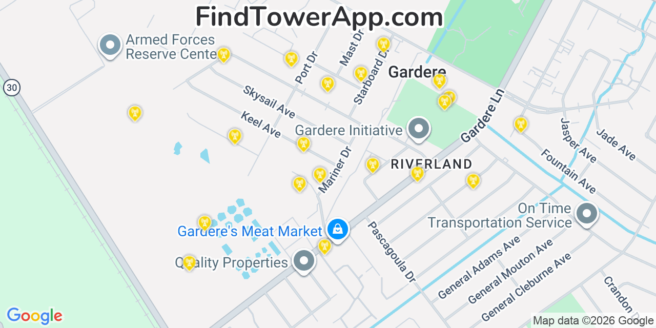 Map showing the 20 primary cell tower locations detected in Gardere, Louisiana from AT&T, Verizon, and T-Mobile networks