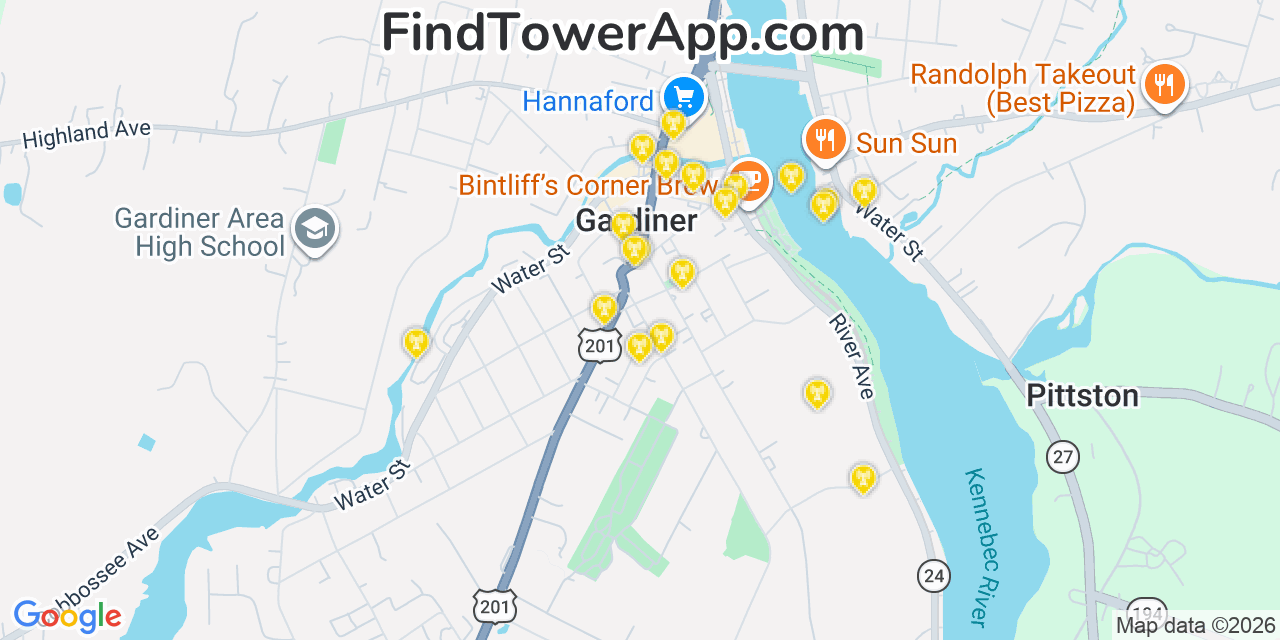 Map showing the 20 primary cell tower locations detected in Gardiner, Maine from AT&T, Verizon, and T-Mobile networks