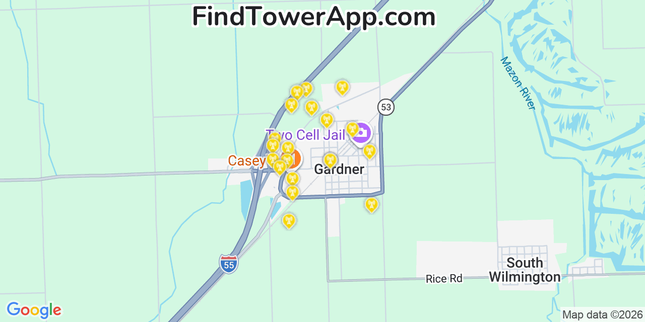 Map showing the 20 primary cell tower locations detected in Gardner, Illinois from AT&T, Verizon, and T-Mobile networks