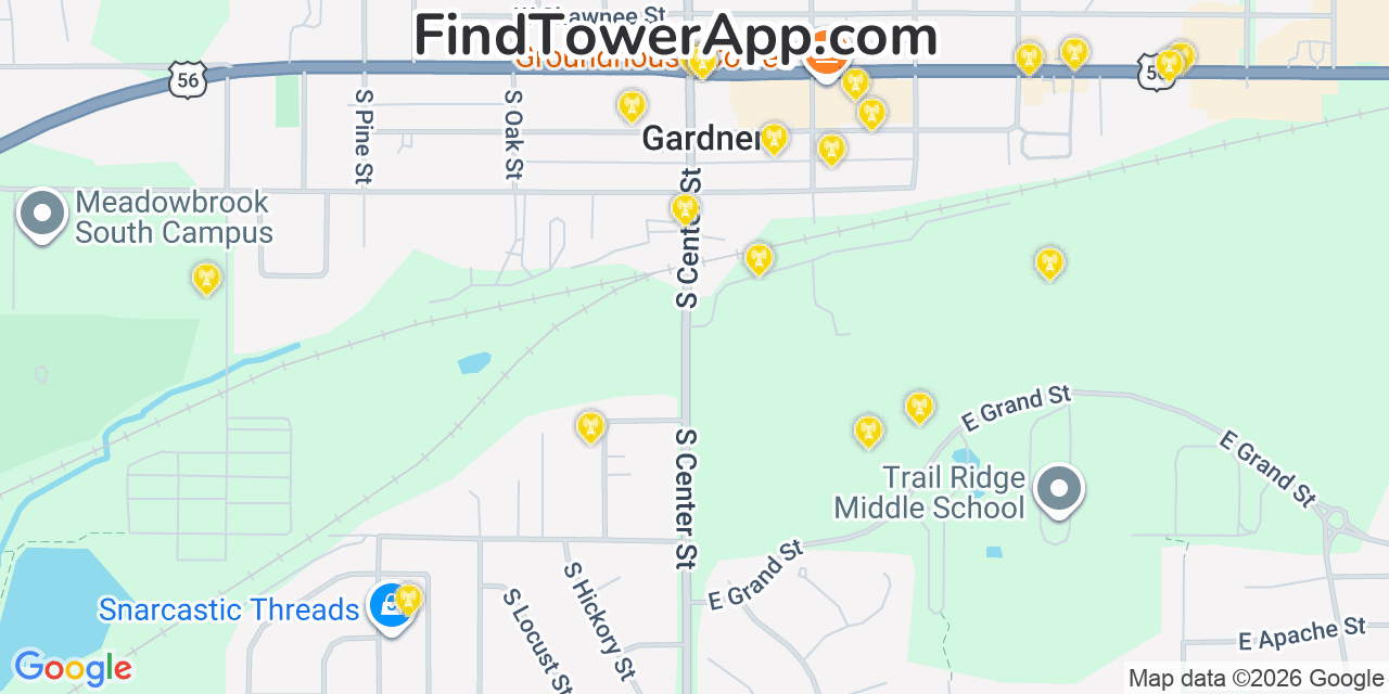 Map showing the 20 primary cell tower locations detected in Gardner, Kansas from AT&T, Verizon, and T-Mobile networks