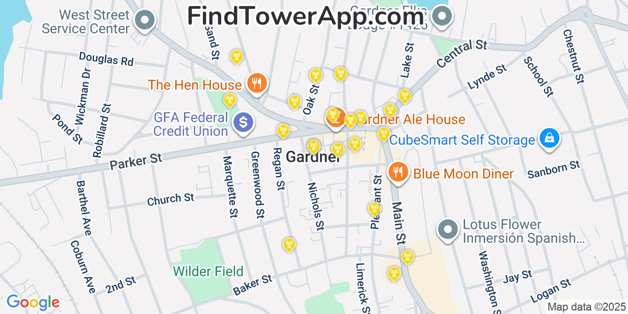 Map showing the 20 primary cell tower locations detected in Gardner, Massachusetts from AT&T, Verizon, and T-Mobile networks