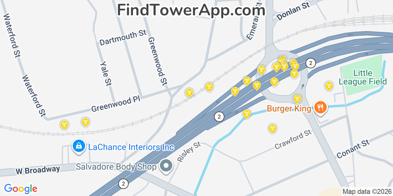 Map showing the 20 primary cell tower locations detected in Gardner, Massachusetts from AT&T, Verizon, and T-Mobile networks