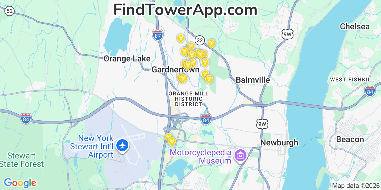 Map showing the 20 primary cell tower locations detected in Gardnertown, New York from AT&T, Verizon, and T-Mobile networks
