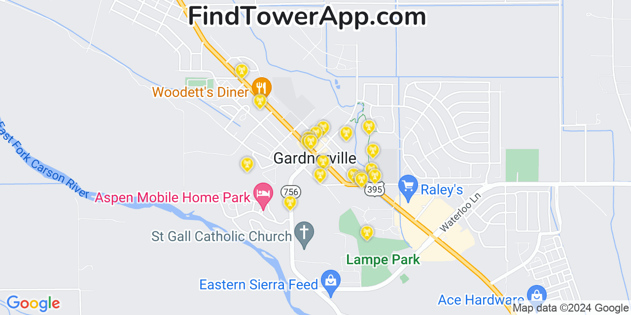 AT&T 4G/5G cell tower coverage map Gardnerville, Nevada