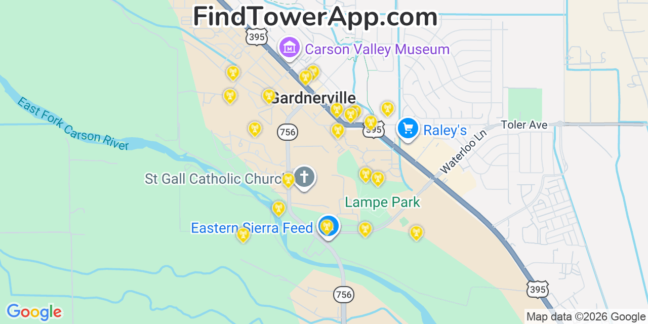 Map showing the 20 primary cell tower locations detected in Gardnerville, Nevada from AT&T, Verizon, and T-Mobile networks