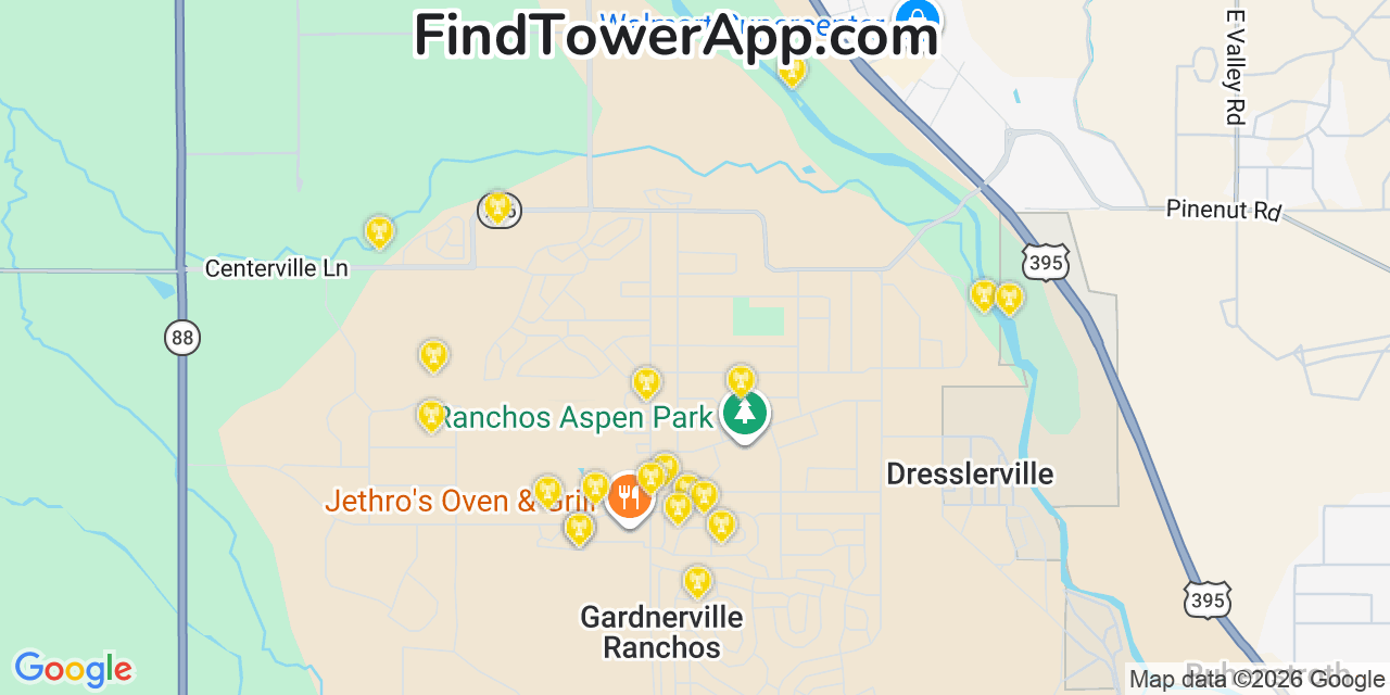 Map showing the 20 primary cell tower locations detected in Gardnerville Ranchos, Nevada from AT&T, Verizon, and T-Mobile networks