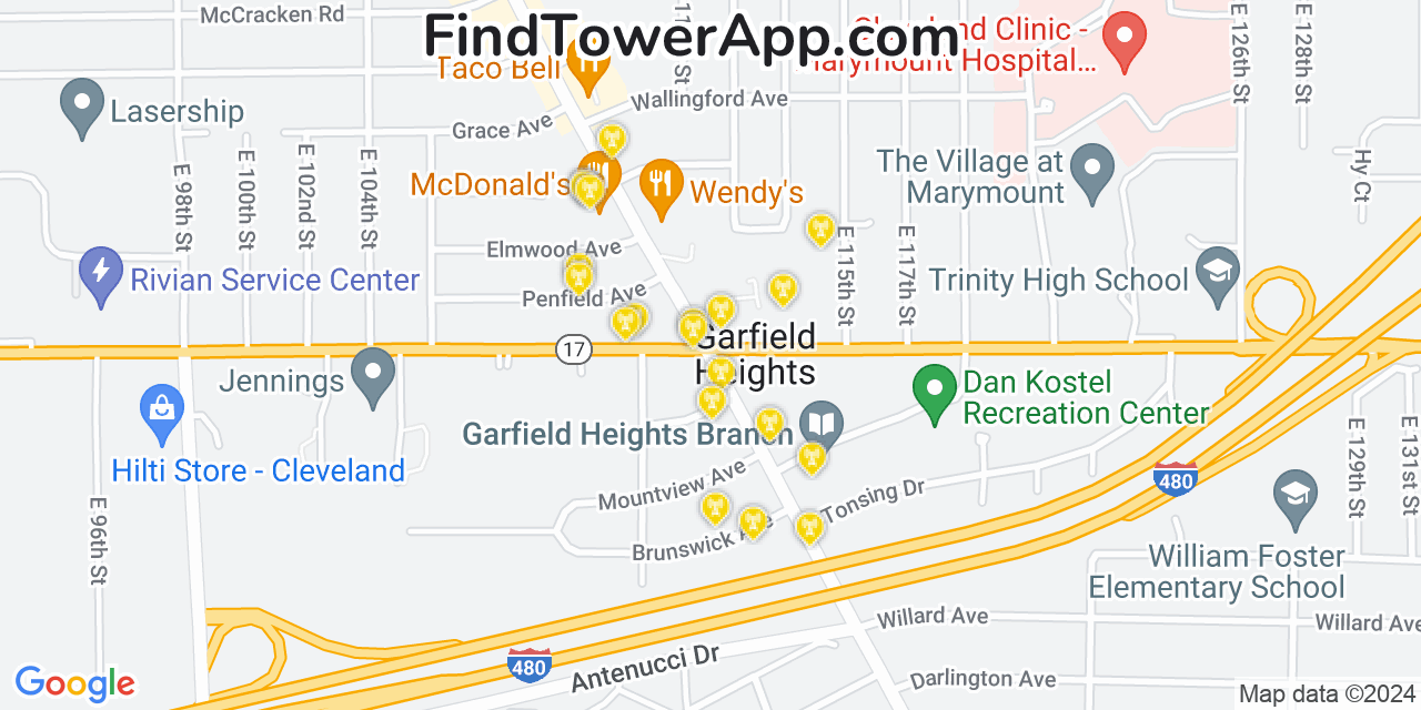 AT&T 4G/5G cell tower coverage map Garfield Heights, Ohio