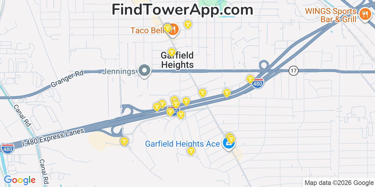 Map showing the 20 primary cell tower locations detected in Garfield Heights, Ohio from AT&T, Verizon, and T-Mobile networks