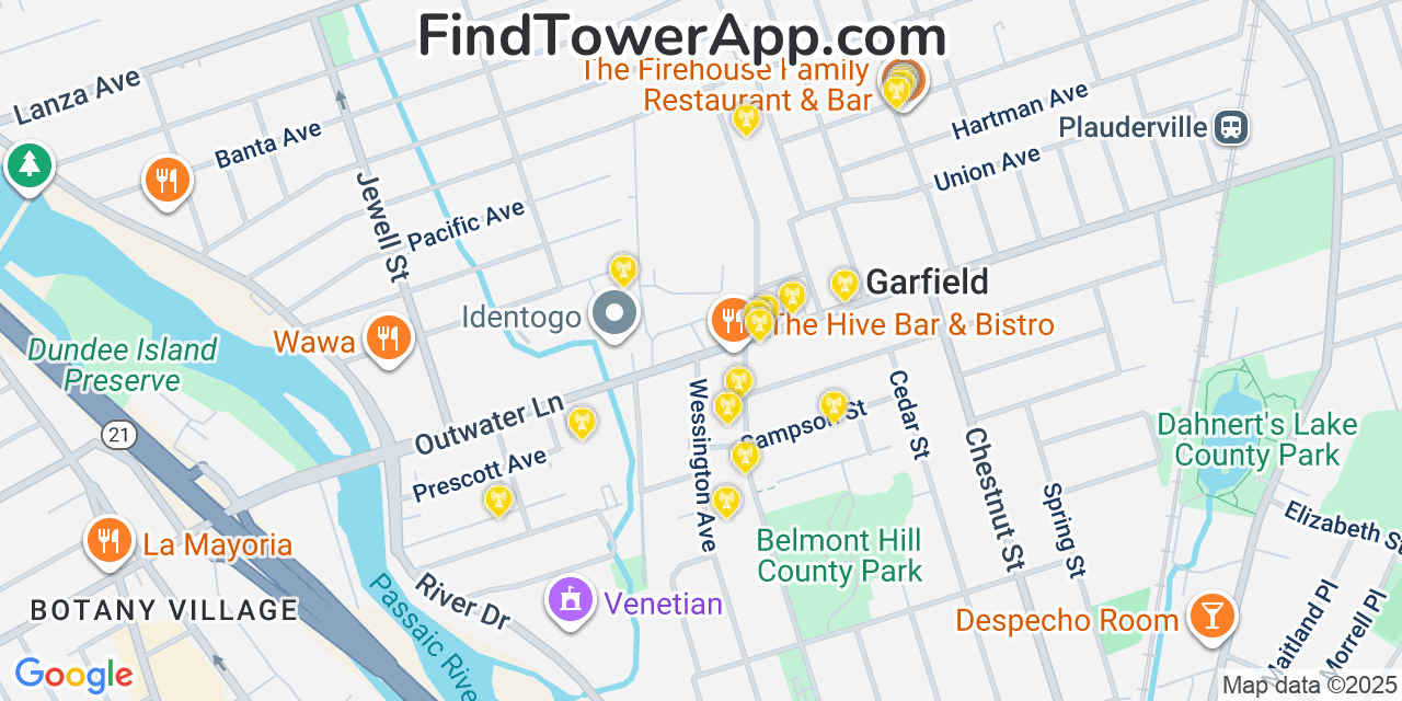 Map showing the 20 primary cell tower locations detected in Garfield, New Jersey from AT&T, Verizon, and T-Mobile networks