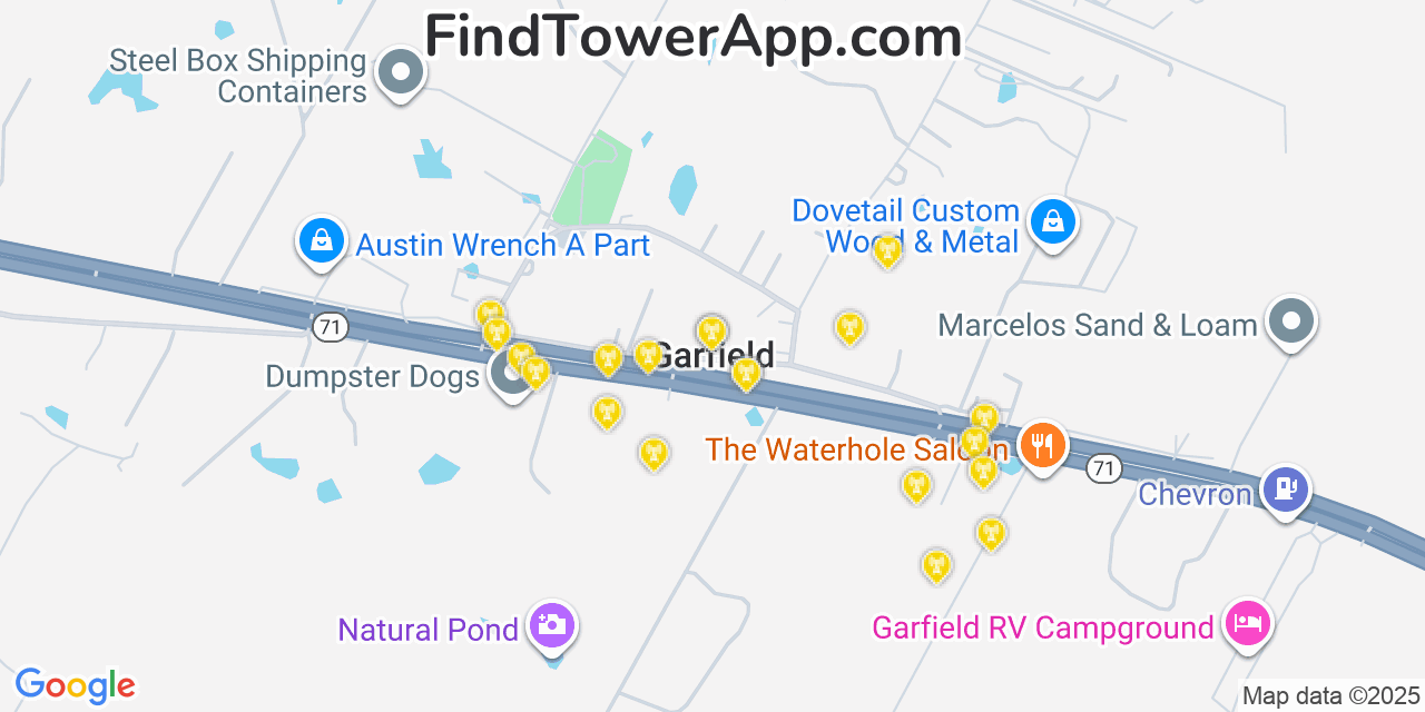 Map showing the 20 primary cell tower locations detected in Garfield, Texas from AT&T, Verizon, and T-Mobile networks