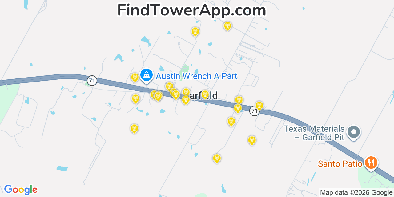 Map showing the 20 primary cell tower locations detected in Garfield, Texas from AT&T, Verizon, and T-Mobile networks