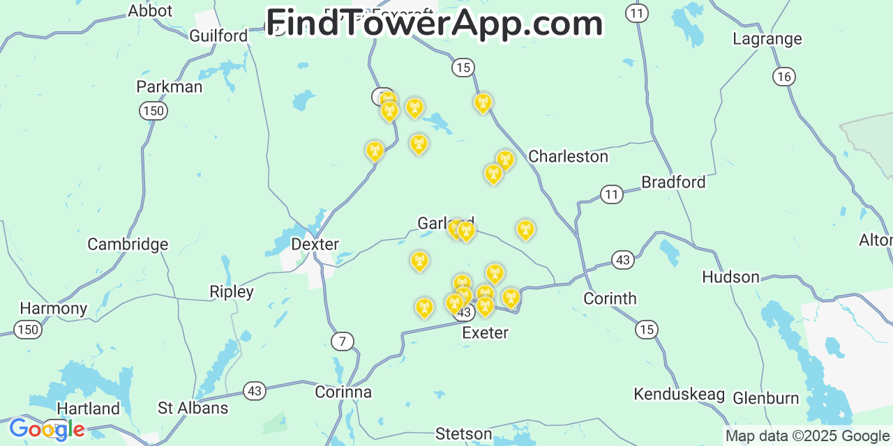 Map showing the 20 primary cell tower locations detected in Garland, Maine from AT&T, Verizon, and T-Mobile networks