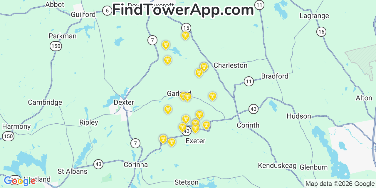 Map showing the 20 primary cell tower locations detected in Garland, Maine from AT&T, Verizon, and T-Mobile networks