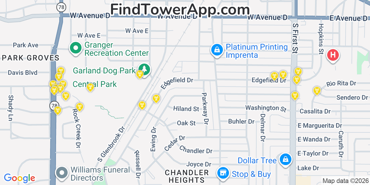 Map showing the 20 primary cell tower locations detected in Garland, Texas from AT&T, Verizon, and T-Mobile networks