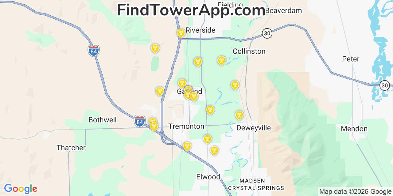 Map showing the 20 primary cell tower locations detected in Garland, Utah from AT&T, Verizon, and T-Mobile networks