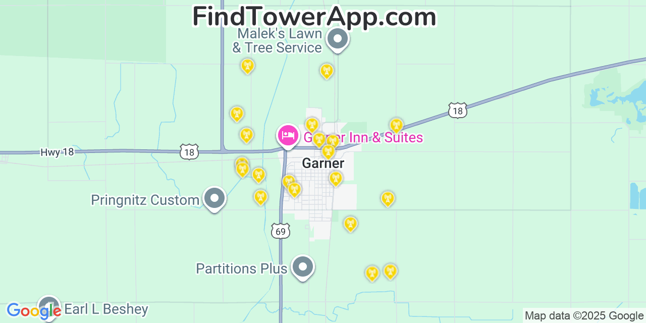 Map showing the 20 primary cell tower locations detected in Garner, Iowa from AT&T, Verizon, and T-Mobile networks
