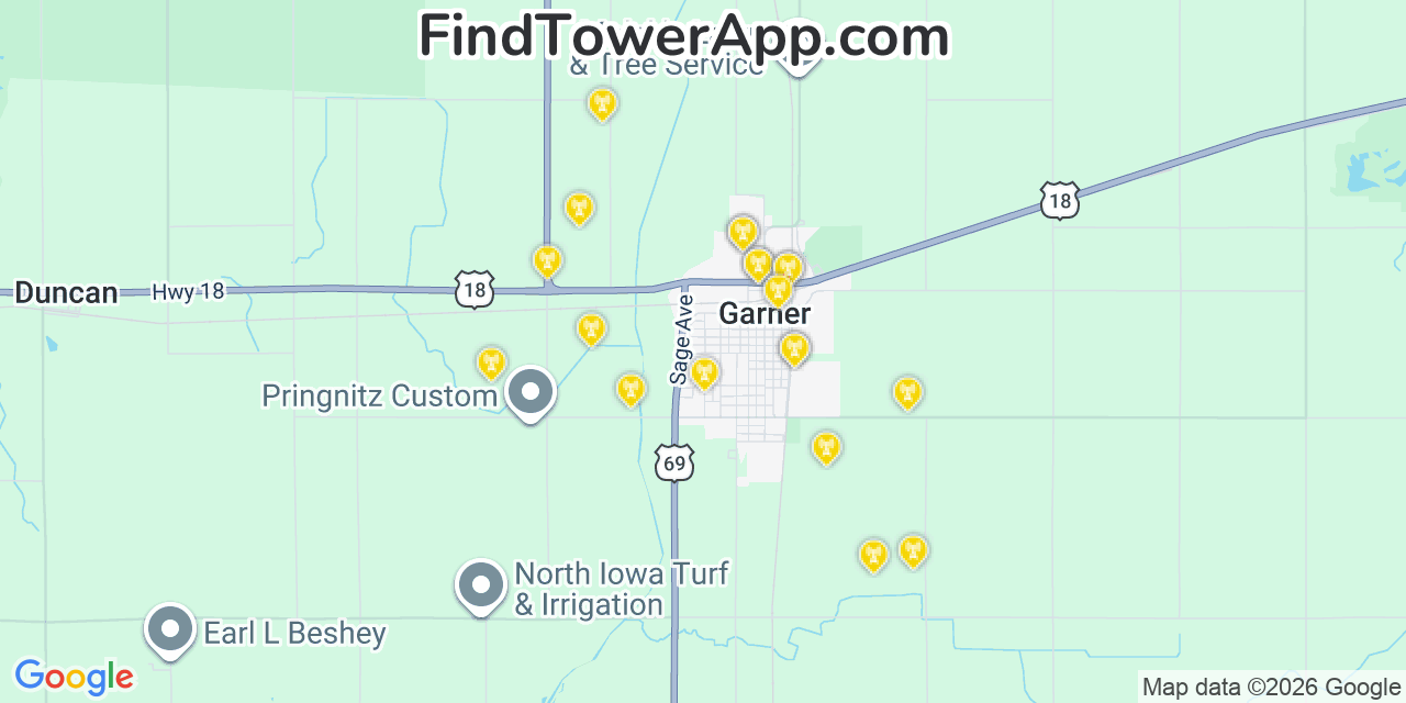 Map showing the 20 primary cell tower locations detected in Garner, Iowa from AT&T, Verizon, and T-Mobile networks