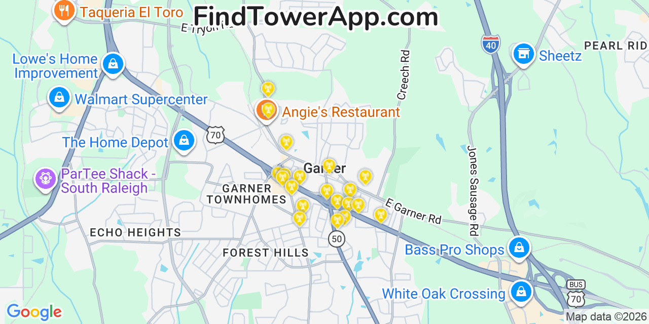 Map showing the 20 primary cell tower locations detected in Garner, North Carolina from AT&T, Verizon, and T-Mobile networks