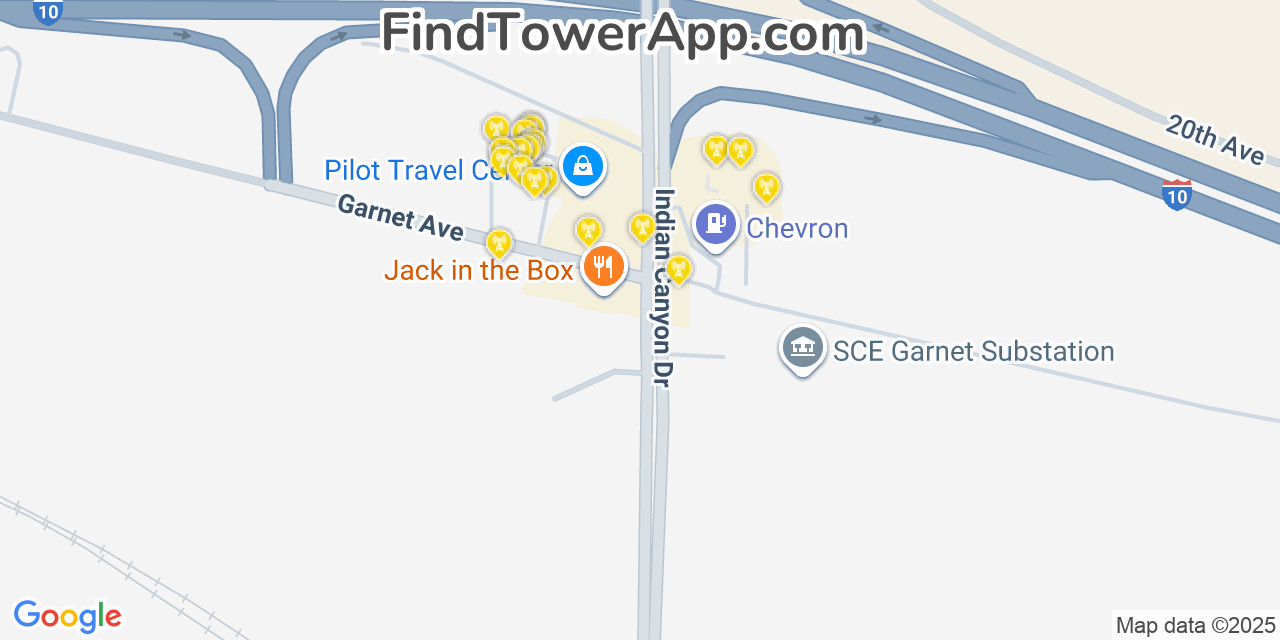 Map showing the 20 primary cell tower locations detected in Garnet, California from AT&T, Verizon, and T-Mobile networks