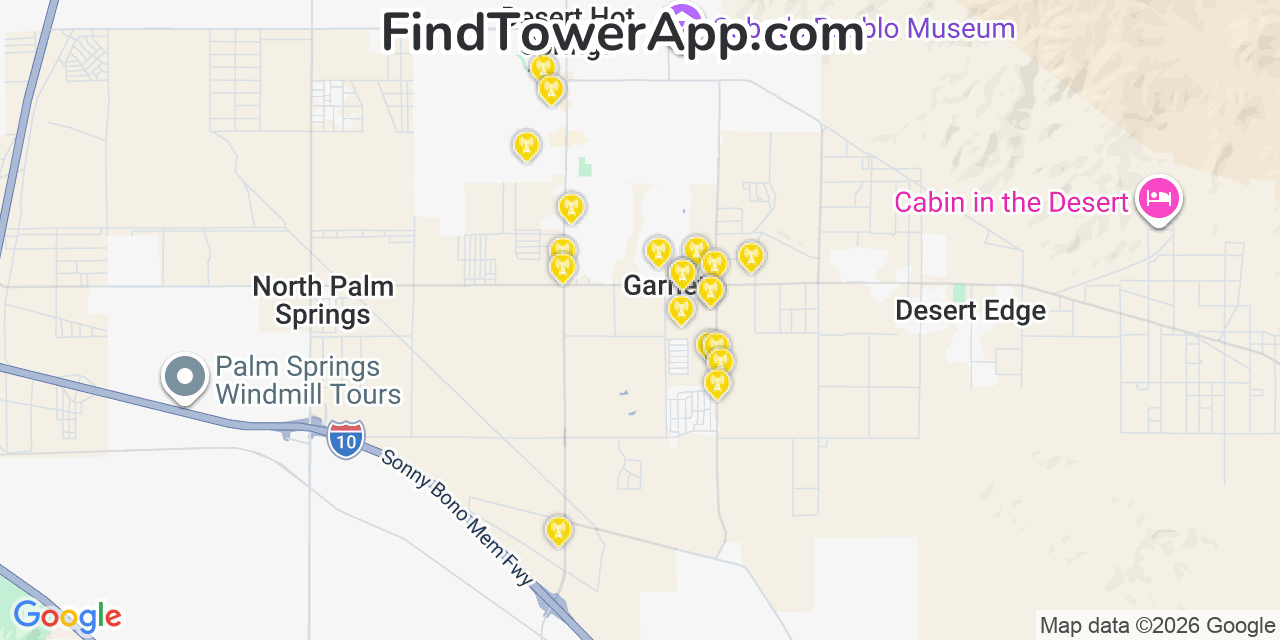 Map showing the 20 primary cell tower locations detected in Garnet, California from AT&T, Verizon, and T-Mobile networks