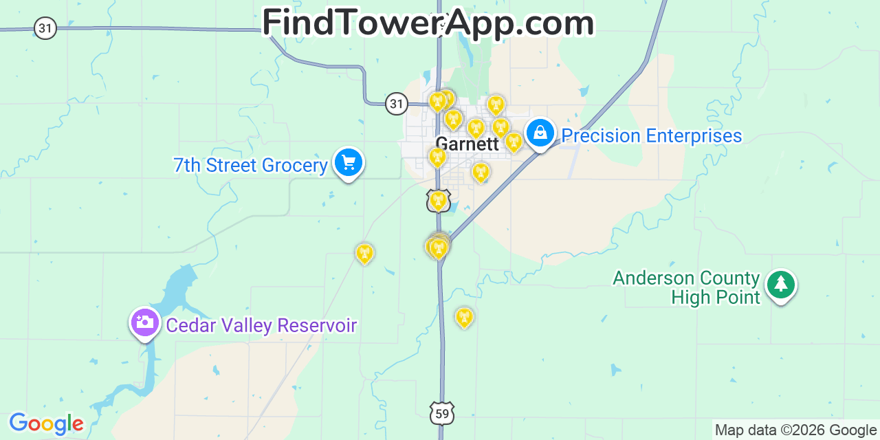 Map showing the 20 primary cell tower locations detected in Garnett, Kansas from AT&T, Verizon, and T-Mobile networks