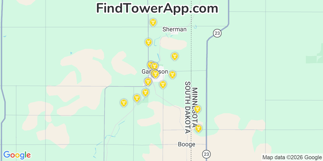 Map showing the 20 primary cell tower locations detected in Garretson, South Dakota from AT&T, Verizon, and T-Mobile networks