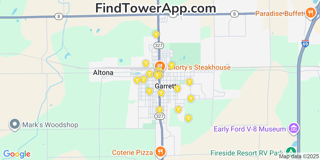 Map showing the 20 primary cell tower locations detected in Garrett, Indiana from AT&T, Verizon, and T-Mobile networks
