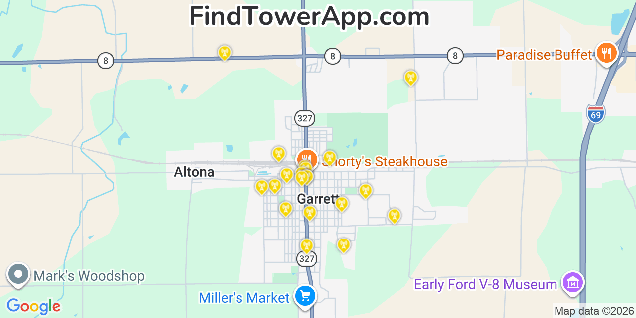 Map showing the 20 primary cell tower locations detected in Garrett, Indiana from AT&T, Verizon, and T-Mobile networks