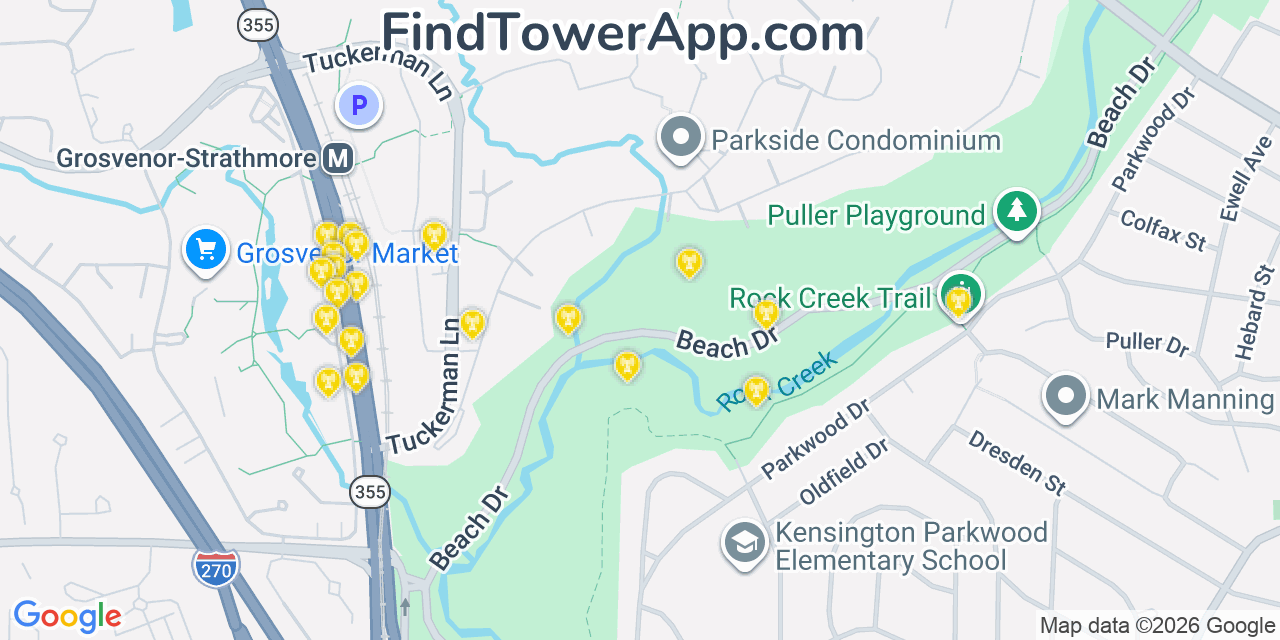 Map showing the 20 primary cell tower locations detected in Garrett Park, Maryland from AT&T, Verizon, and T-Mobile networks