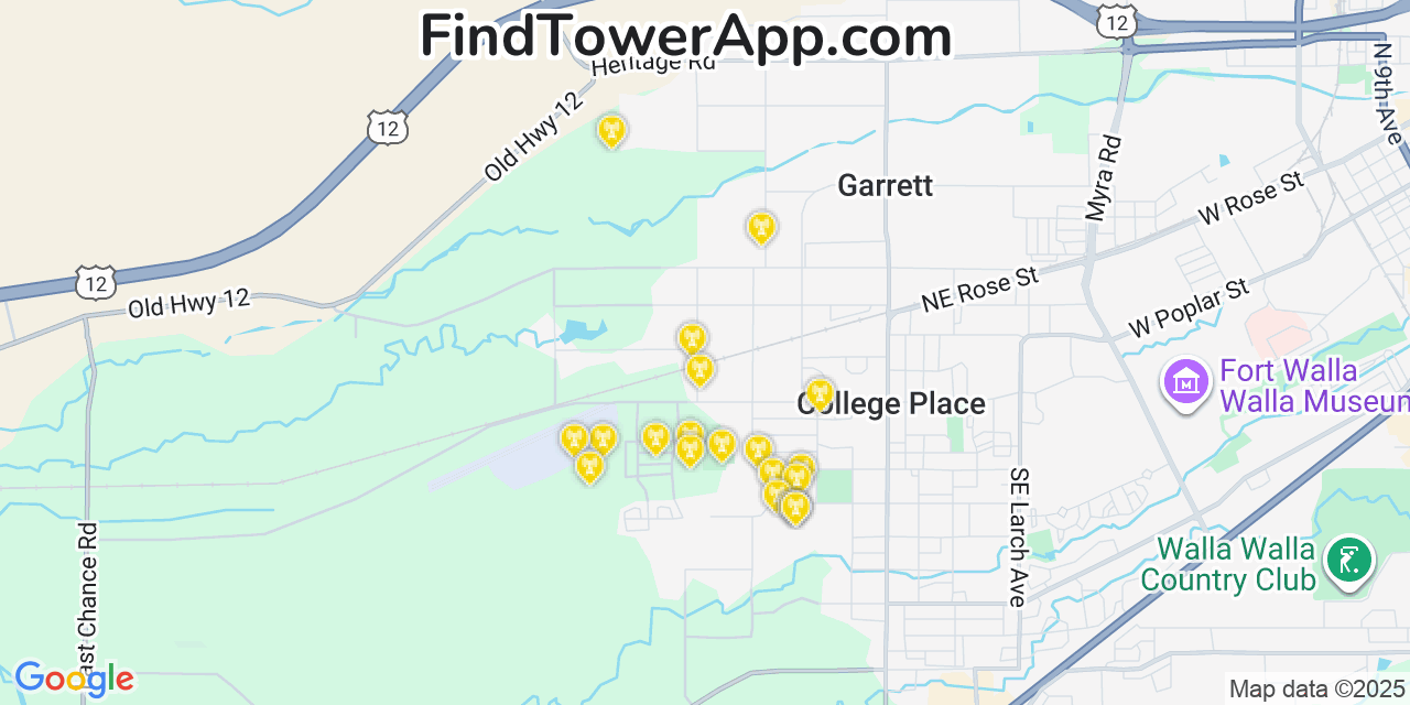 Map showing the 20 primary cell tower locations detected in Garrett, Washington from AT&T, Verizon, and T-Mobile networks