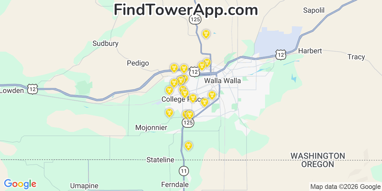 Map showing the 20 primary cell tower locations detected in Garrett, Washington from AT&T, Verizon, and T-Mobile networks