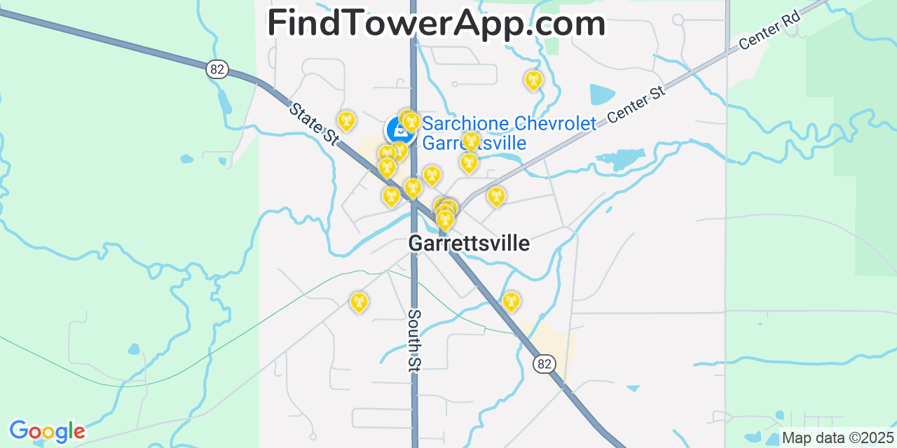 Map showing the 20 primary cell tower locations detected in Garrettsville, Ohio from AT&T, Verizon, and T-Mobile networks