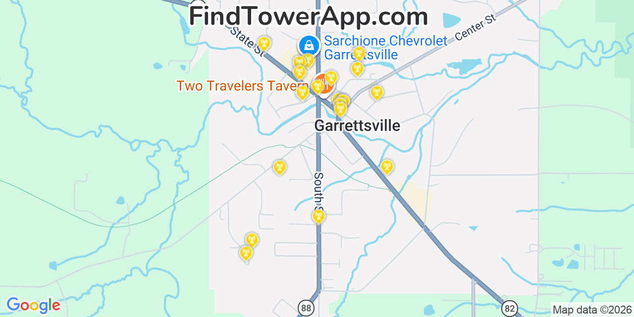 Map showing the 20 primary cell tower locations detected in Garrettsville, Ohio from AT&T, Verizon, and T-Mobile networks