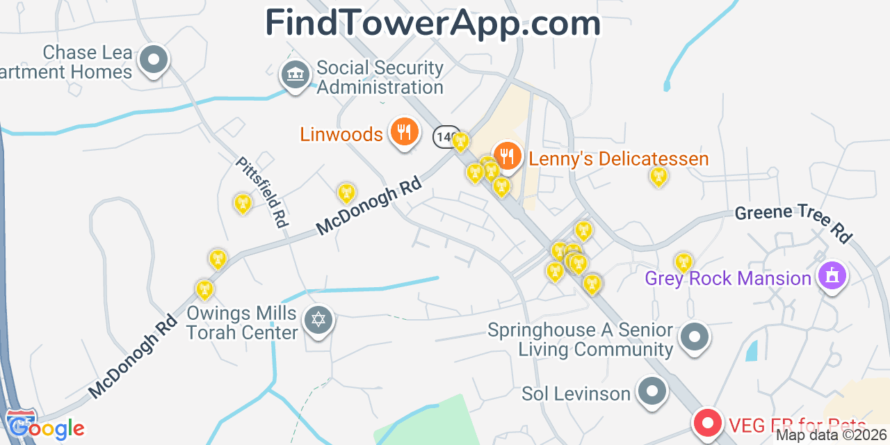 Map showing the 20 primary cell tower locations detected in Garrison, Maryland from AT&T, Verizon, and T-Mobile networks