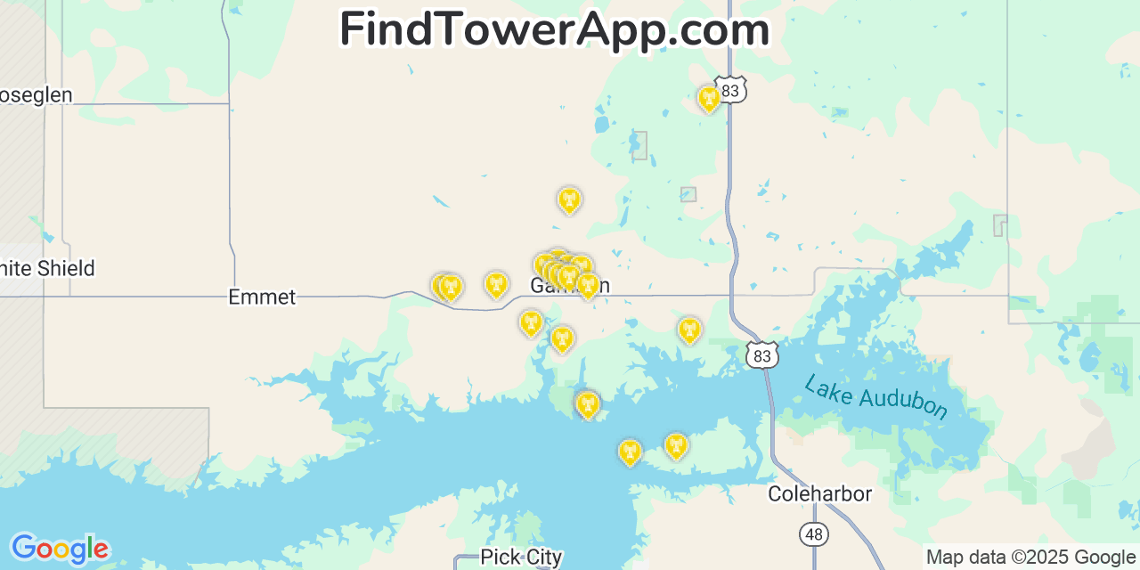 Map showing the 20 primary cell tower locations detected in Garrison, North Dakota from AT&T, Verizon, and T-Mobile networks