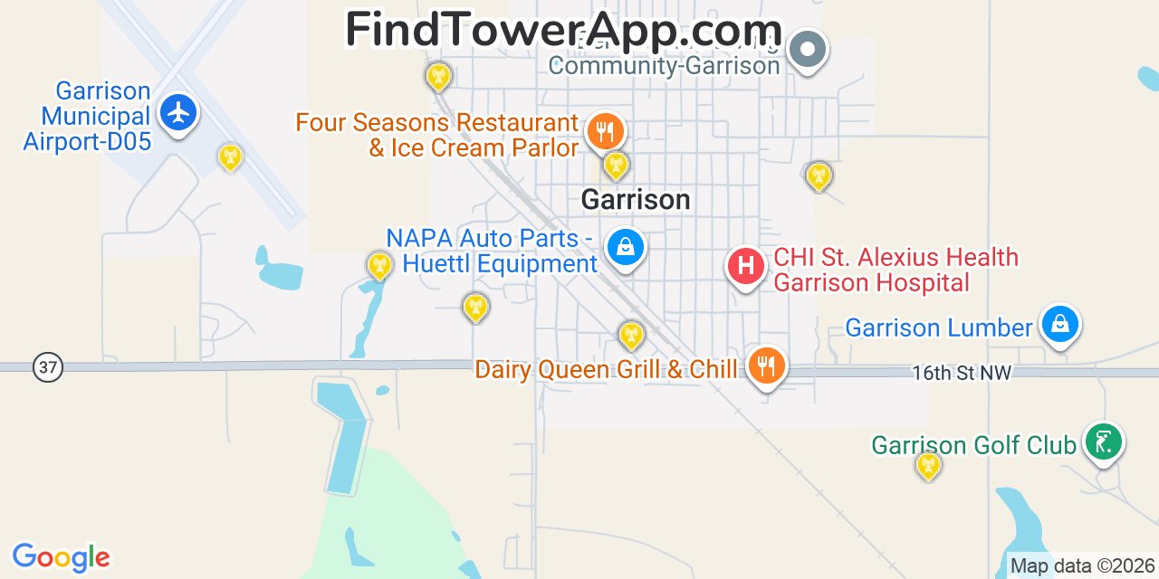 Map showing the 20 primary cell tower locations detected in Garrison, North Dakota from AT&T, Verizon, and T-Mobile networks