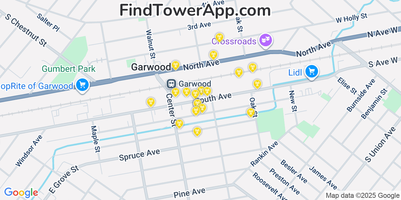 Map showing the 20 primary cell tower locations detected in Garwood, New Jersey from AT&T, Verizon, and T-Mobile networks