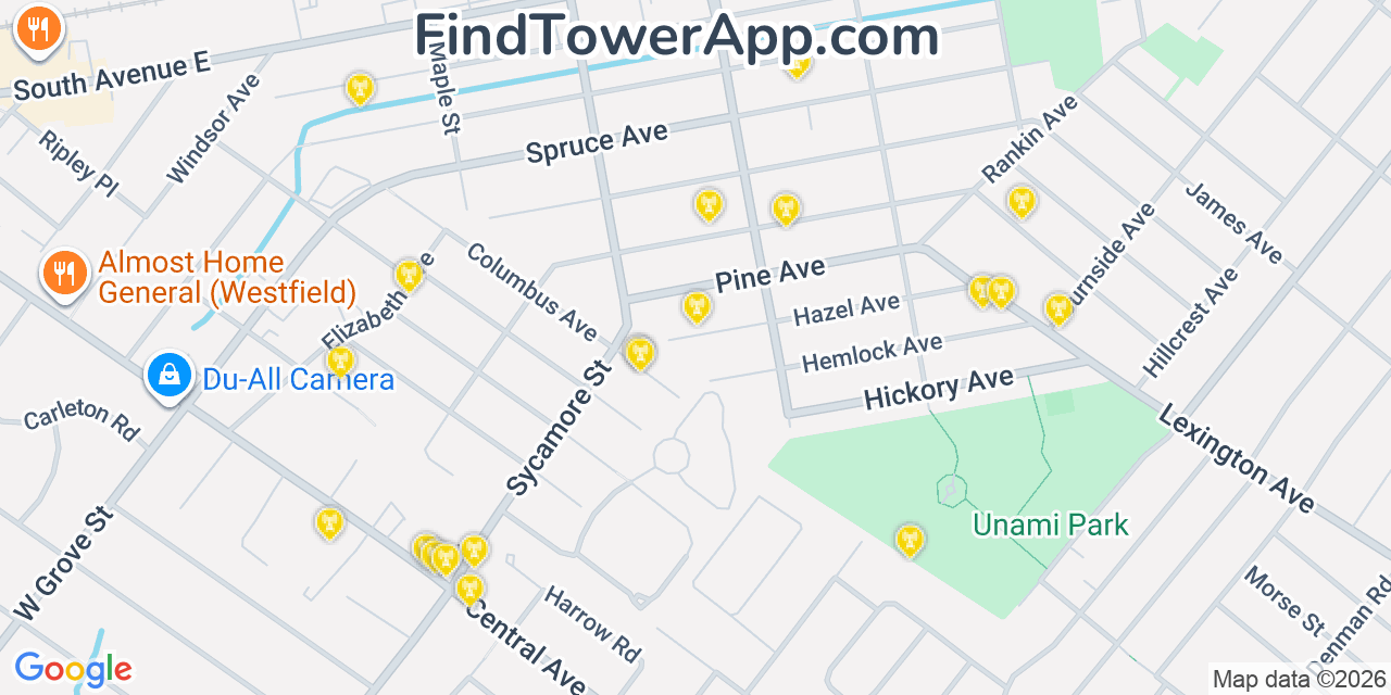 Map showing the 20 primary cell tower locations detected in Garwood, New Jersey from AT&T, Verizon, and T-Mobile networks