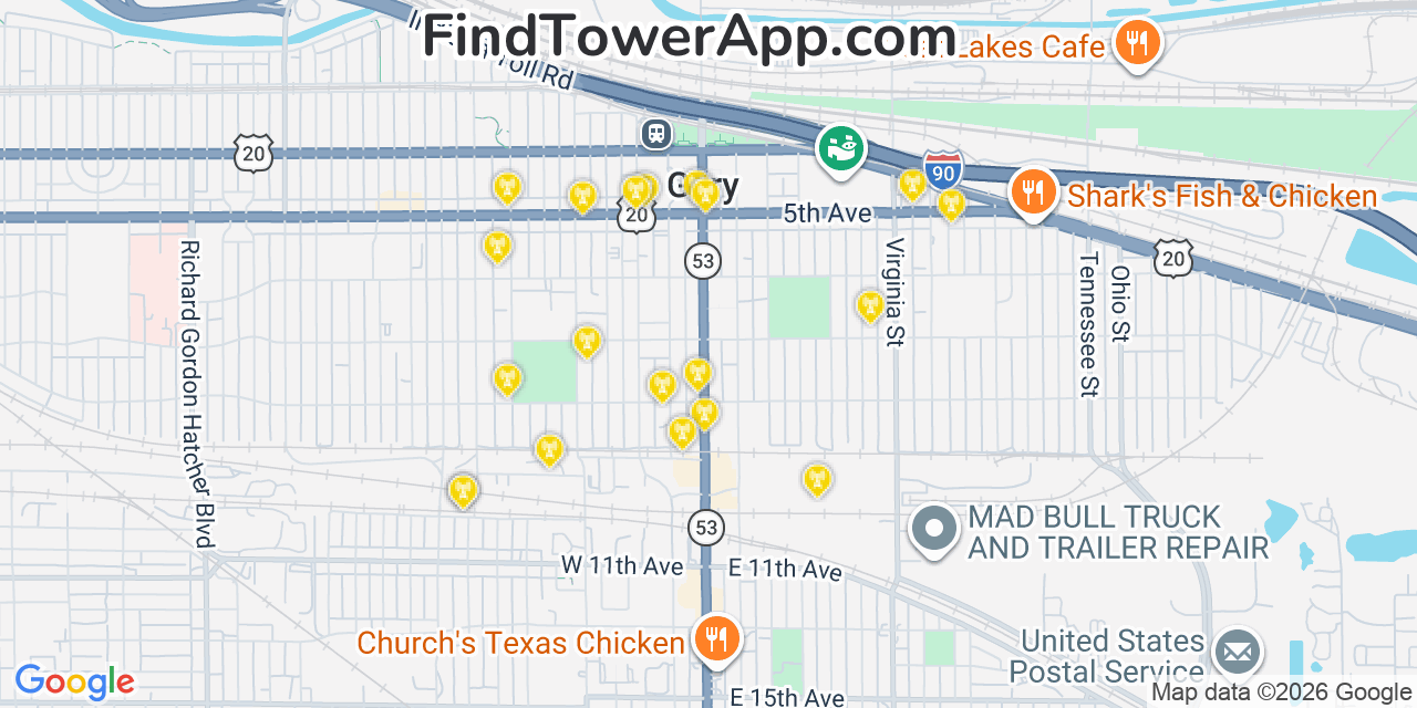 Map showing the 20 primary cell tower locations detected in Gary, Indiana from AT&T, Verizon, and T-Mobile networks