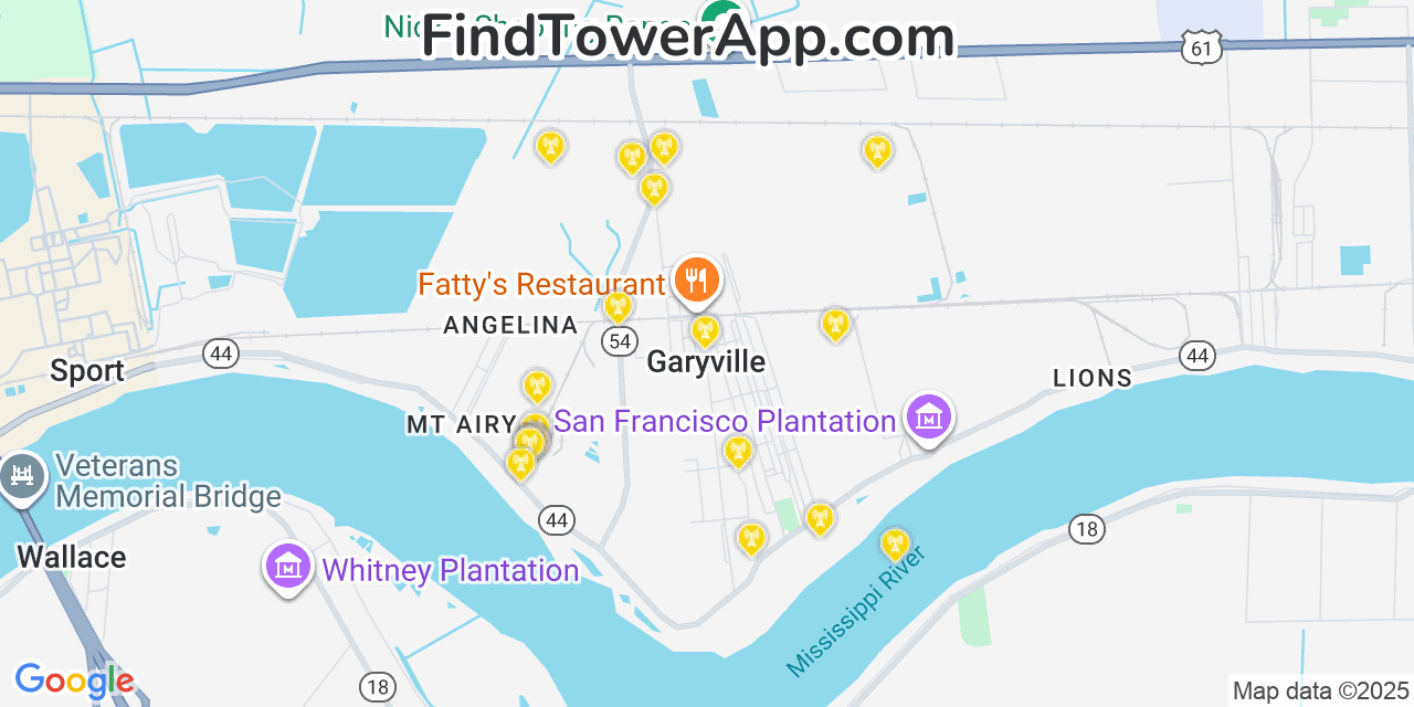Map showing the 20 primary cell tower locations detected in Garyville, Louisiana from AT&T, Verizon, and T-Mobile networks