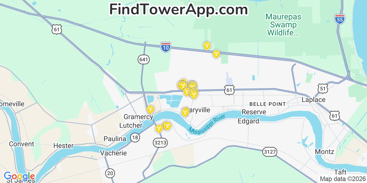 Map showing the 20 primary cell tower locations detected in Garyville, Louisiana from AT&T, Verizon, and T-Mobile networks