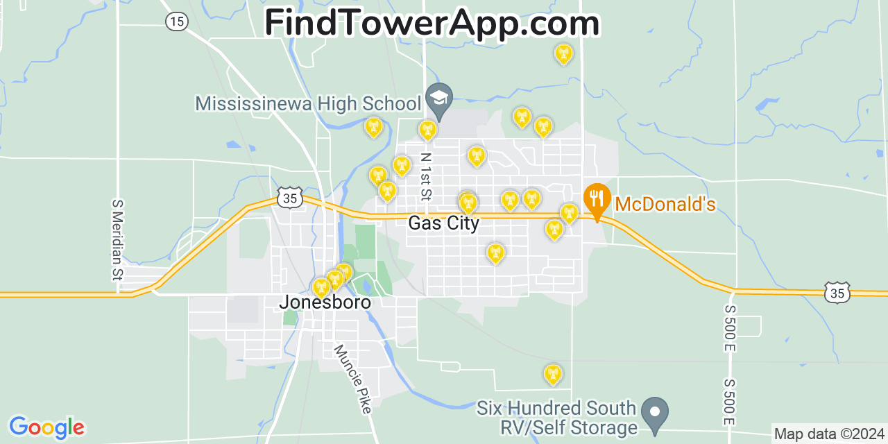 AT&T 4G/5G cell tower coverage map Gas City, Indiana