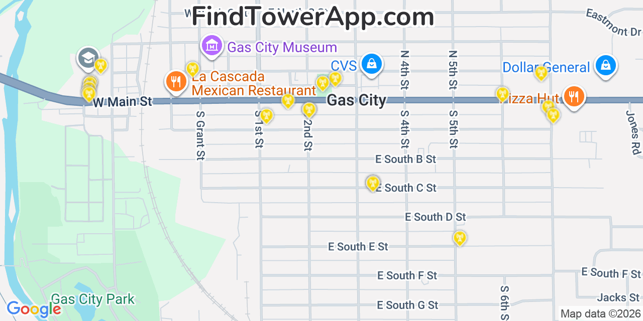 Map showing the 20 primary cell tower locations detected in Gas City, Indiana from AT&T, Verizon, and T-Mobile networks