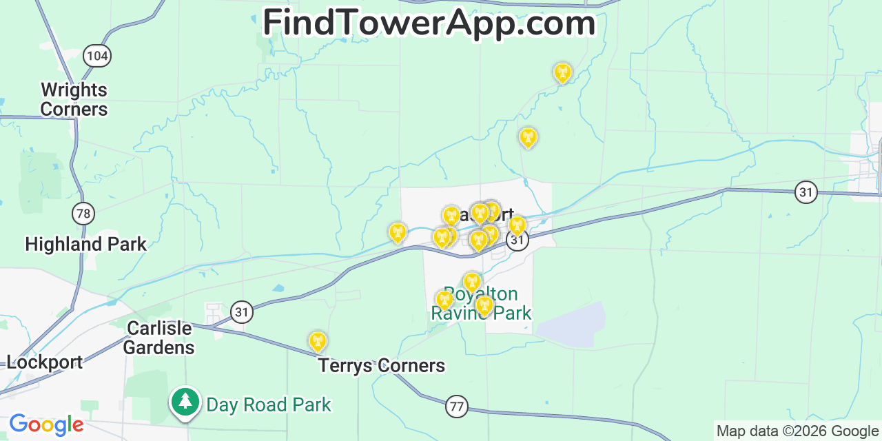 Map showing the 20 primary cell tower locations detected in Gasport, New York from AT&T, Verizon, and T-Mobile networks