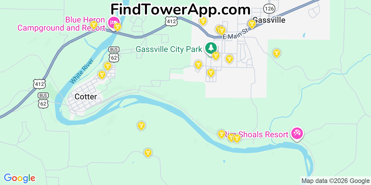 Map showing the 20 primary cell tower locations detected in Gassville, Arkansas from AT&T, Verizon, and T-Mobile networks