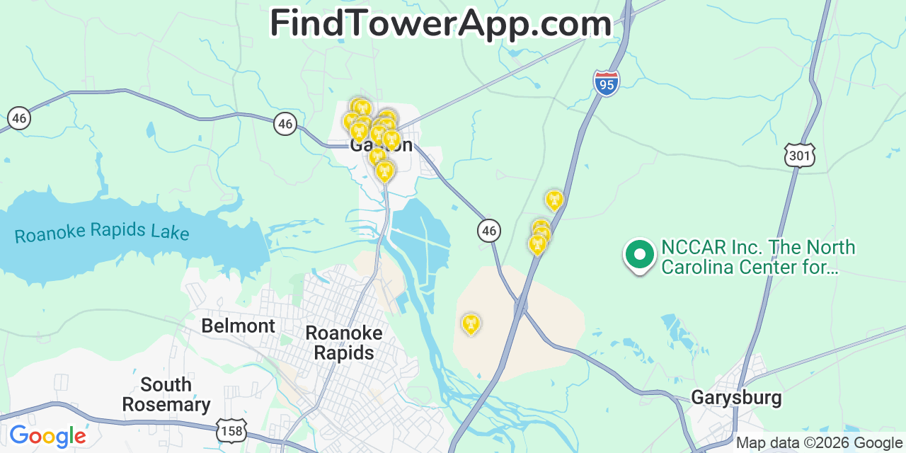 Map showing the 20 primary cell tower locations detected in Gaston, North Carolina from AT&T, Verizon, and T-Mobile networks