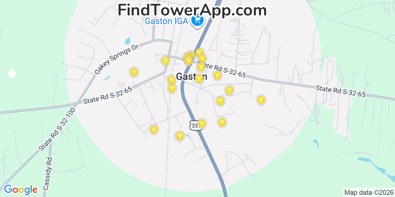Map showing the 20 primary cell tower locations detected in Gaston, South Carolina from AT&T, Verizon, and T-Mobile networks